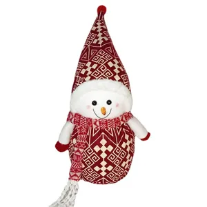 Peluche bambola di pupazzo di neve di Natale con cappello a punta e motivo rosso per decoro.