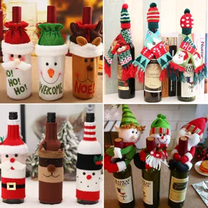 Set di Coperture per Bottiglie di Vino di Natale Lavorato a Maglia Babbo Natale Pupazzo di Neve Renna Vestito per Bottiglia Festa Casa Tavolo Decorazione