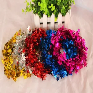 Detailed view of colorful Christmas star tinsel garlands, perfect for holiday tree decor.