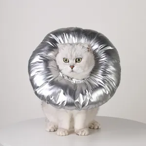 Shiny silver cat Elizabethan collar, anti-lick pet cone for post-surgery recovery and wound care.