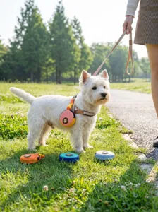 Cute leather pet poop bag dispenser and leash set for dogs, portable outdoor walking storage.