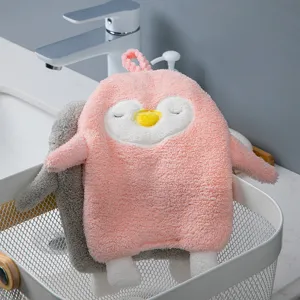 Cute cartoon penguin hanging hand towel, thick absorbent coral fleece for bathroom and kitchen.