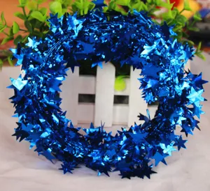 Blue star tinsel garland for Christmas tree decoration, shiny star wire rattan festive party supply.