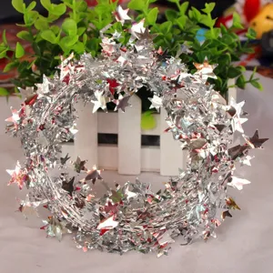 Silver star tinsel garland for Christmas tree holiday party home hanging decoration.