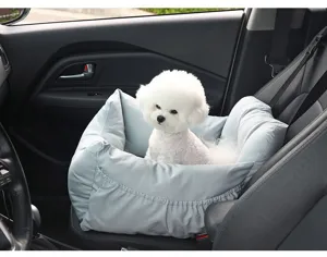 Car pet safety seat for dogs, thick padded blue puppy car bed travel cushion for small pets.