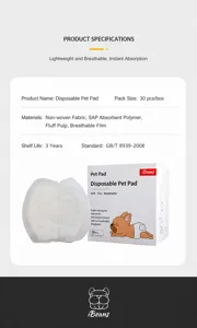 Disposable pet training pad details, super absorbent and breathable for dog daily care 30pcs