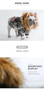 Waterproof camo dog down jacket with warm fur collar and stylish winter design for pets.