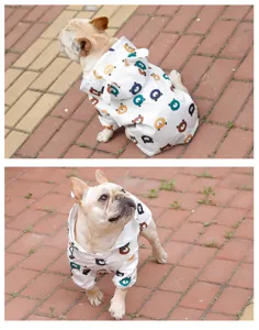 Vue détaillée du joli imperméable blanc pour animaux avec des imprimés d'ours pour petits chiens.