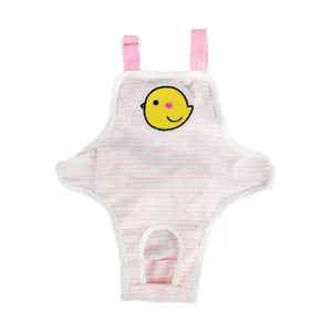 Cute pink striped dog physiological pants with shoulder straps and a sweet chick patch for female dogs.