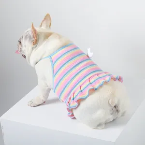 Colorful striped pet dress for dogs, cute tank top skirt with ruffled hem for summer.