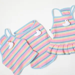 Cute striped pet dog clothes puppy sling dress with adorable white duck plush patch, comfy.