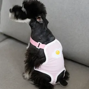 Cute striped dog physiological pants with fried egg patch, comfortable sanitary diaper for pet dogs.