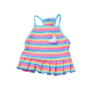 Colorful striped pet dog dress with cute duck decoration, breathable cotton summer puppy vest.
