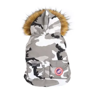Dog winter camouflage parka down jacket with warm faux fur hood, pet cold weather clothes.