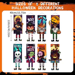 Vue détaillée des drapeaux suspendus d'Halloween avec dimensions et huit beaux motifs.