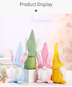 Easter gnome plush doll detail view with cute bunny ears and colorful knitted hats