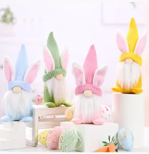 Easter bunny gnome plush doll set, cute spring holiday home decor table ornaments.