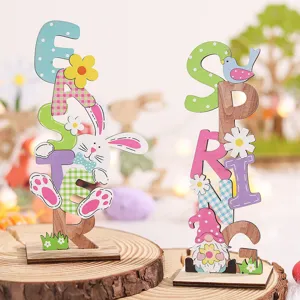 Paasen Houten Letter Bord Lente Konijn Gnoom Desktop Ornament Rustiek Feest Thuis Decoratie
