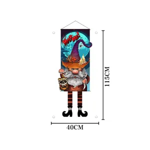 Bannière suspendue de gnome d'Halloween, drapeau de porte citrouille sorcière, accessoire 115x40cm.