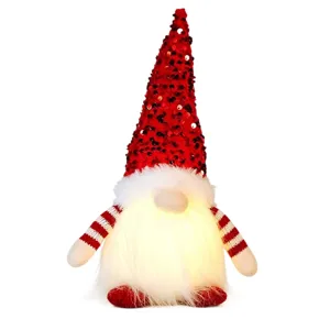 Christmas lighted gnome plush doll with red sequin hat and white beard for holiday decor