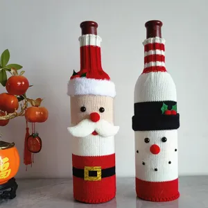 Housse de bouteille de vin de Noël en tricot, ensemble Père Noël bonhomme de neige déco de fête.