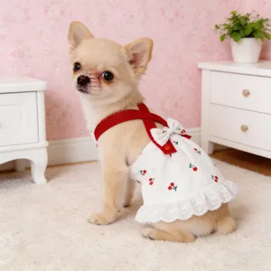 Cute cherry print pet dog dress summer cotton puppy skirt with red straps and cute bow.