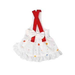 Cute cotton pet dress with red suspenders, bow and lace hem for small dogs and cats summer wear.