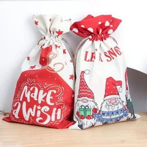 Kerst linnen trekkoord geschenkzak met schattig gnoom patroon voor snoep en appels opbergen.