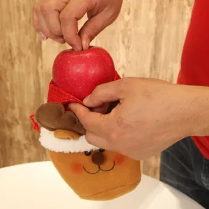Weihnachten Rentier Süßigkeitentasche Detailansicht zeigt das Verpacken von Äpfeln oder Geschenken.