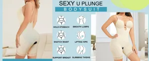Detailed view of beige deep-U plunge bodysuit shapewear featuring tummy control and body shaping.