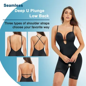 Women's Seamless Cami Shapewear U Plunge Low Back Tummy Control Butt Lifter Bodysuit Slimming Lace Trim Sexy Lingerie