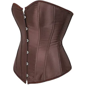 Brown satin corset waist cincher with front busk closure and boning detail for body shaping.