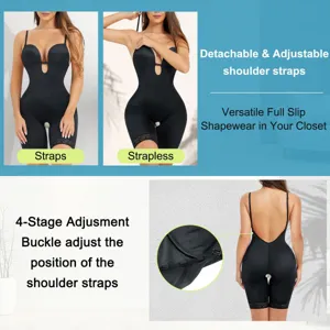 Black full slip shapewear bodysuit with detachable straps, U-plunge and open crotch design.