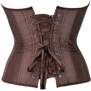 Brown satin corset back detail showcasing metal grommets and elegant lace-up ribbon design.
