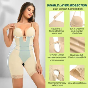 Details of women backless shapewear with adjustable straps, breathable fabric and open crotch.