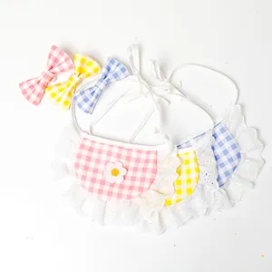 Cute lace gingham pet bib and bow set for cats and dogs, sweet style pet accessories.