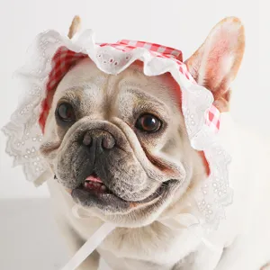 Cute Pet Sun Hat Lace Trim Plaid Dog Cat Princess Hat With Ear Holes Adjustable Summer Puppy Accessories Pet Party Costume