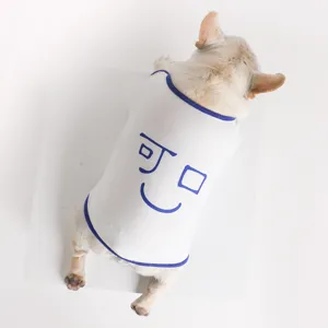 Witte katoenen korte mouwen honden t-shirt met rugprint en blauwe rand voor Franse bulldog.