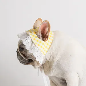 Cute yellow gingham pet bonnet with white lace for dogs, adorable summer puppy sun hat.
