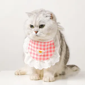 Cute checkered cat bib with lace ruffle and daisy accent, stylish pet accessory for cats dogs.