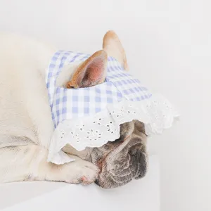 Cute blue checkered pet bonnet with white lace trim for dogs, stylish summer puppy sun hat.