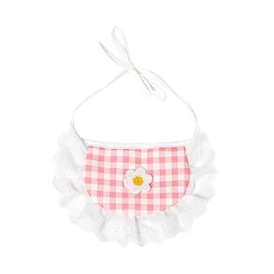 Cute pink plaid pet bib with white lace ruffles and sweet floral decor for cats and dogs main image
