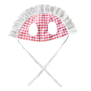 Cute red and white gingham pet bonnet with white lace trim, comfortable dog sun hat for summer.