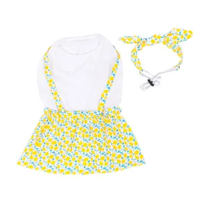 Cute summer floral dog dress set with matching headband, sweet pet apparel for small dogs.