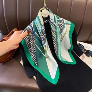 Elegant green white houndstooth silk square scarf, fashion vintage neckerchief for women.
