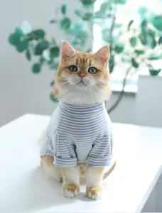 Close-up detail of pet high-collar striped t-shirt, comfortable daily wear for cats and dogs.