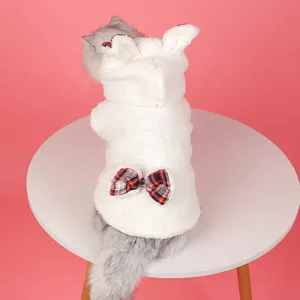 Winter Warm Pet Cotton Vest Fleece Lined Cat Dog Clothes Cute Hooded Lamb Fleece Coat With Plaid Bow For Small Dogs Cats