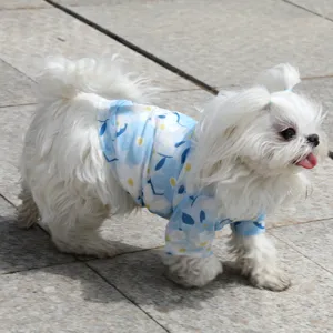 Detailed view of lightweight blue floral pet t-shirt, cute summer dog clothes breathable