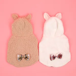 Cute fleece pet vest with hood and plaid bow, warm winter dog cat clothes for small pets.