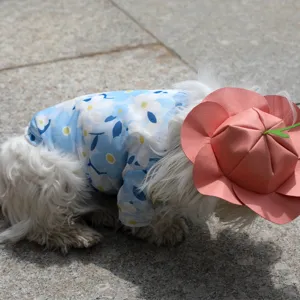 Summer breathable pet mesh cooling t-shirt with cute floral print and pink flower hat for dogs.